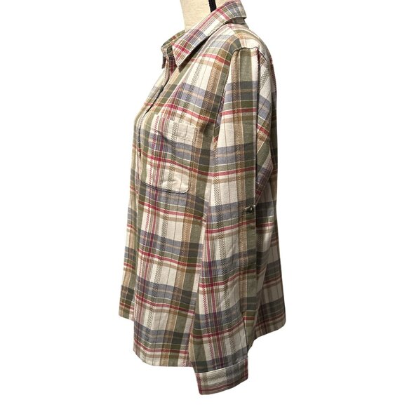 Alfred Dunner Plaid Shirt Flannel Shacket Cream Green Roll Tab Sleeves Size 14 - Picture 4 of 5